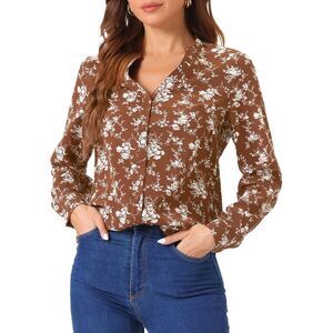 Chiffon Floral Tops V Neck Long Sleeve Button-Up Blouse Shirt Brown